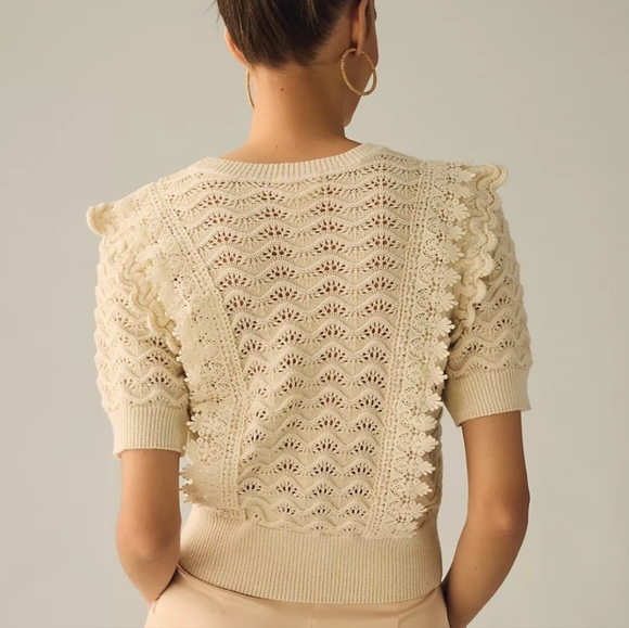 Kachel Anthropologie Shimmer Crochet  Sweater Tee Ivory Size M - Picture 2 of 11